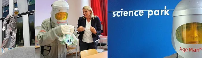 collage von drei Bildern Alterssimulationsanzug AgeMan